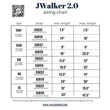 JWalker Dog Harness Fit Chart